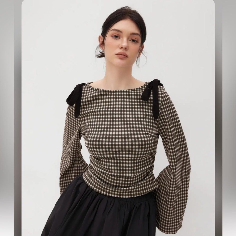 Cider black & Cream Gingham Tie-Shoulder Knit Top - Picture 7 of 8
